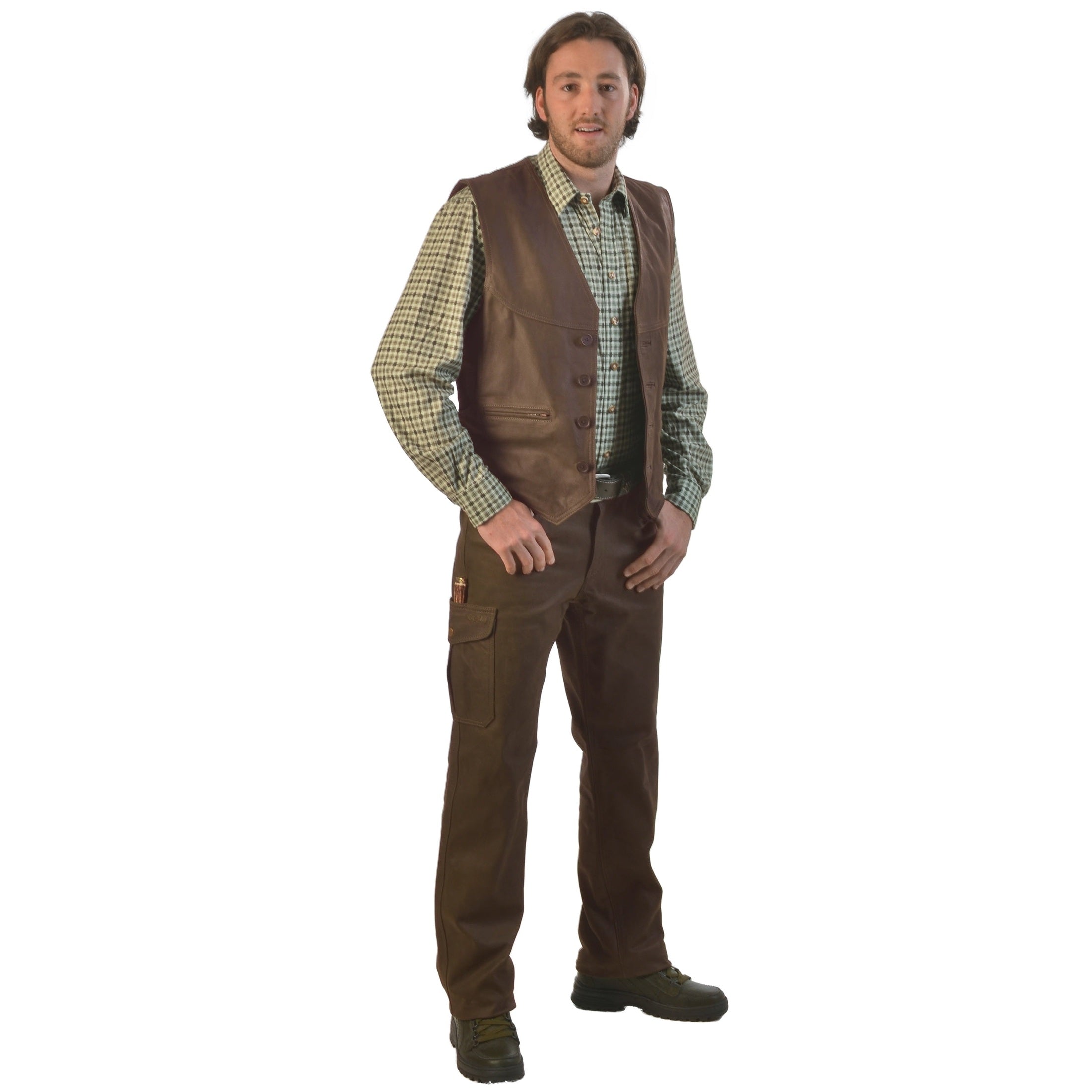 Robust buffalo leather trousers with leg pocket