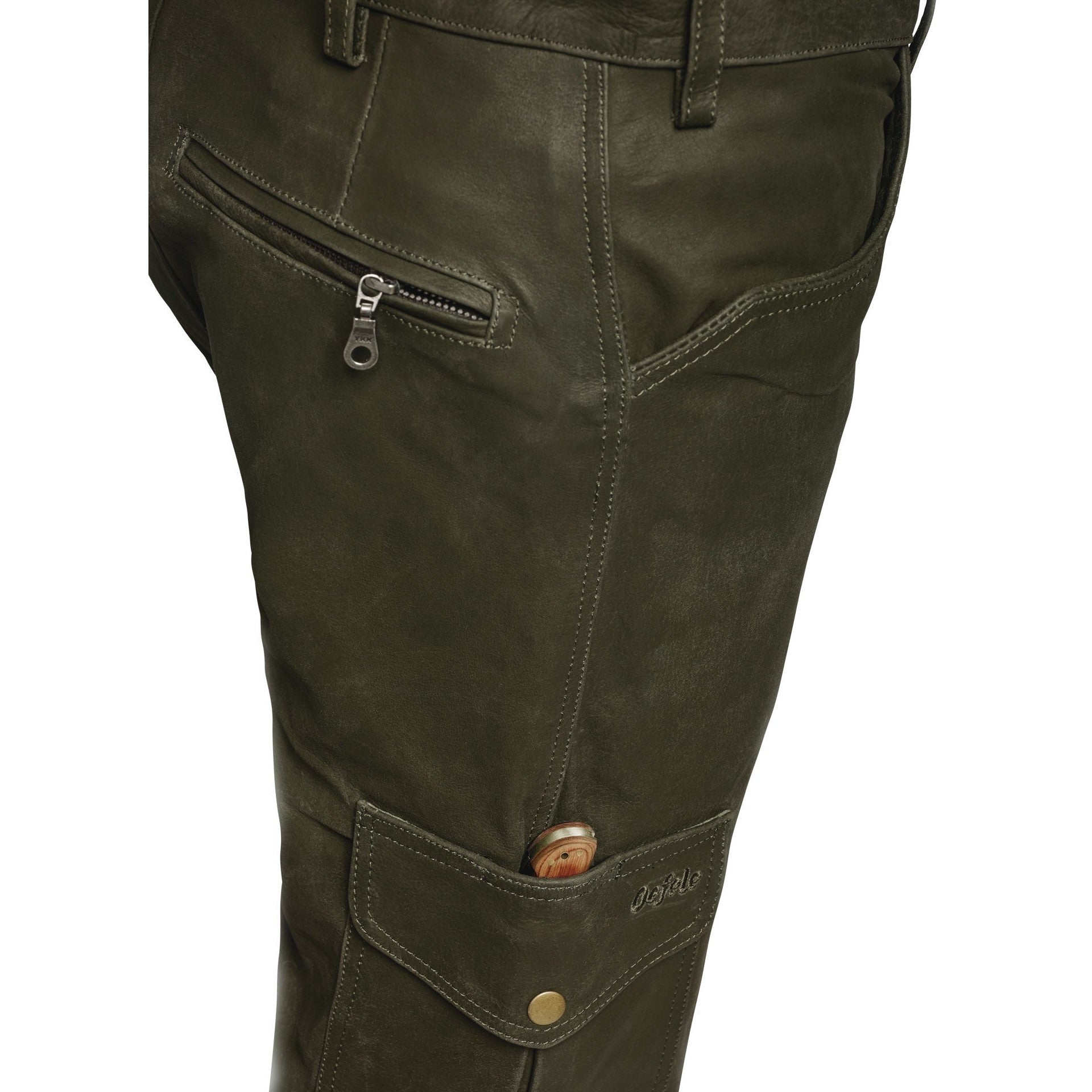Robust buffalo leather trousers with leg pocket