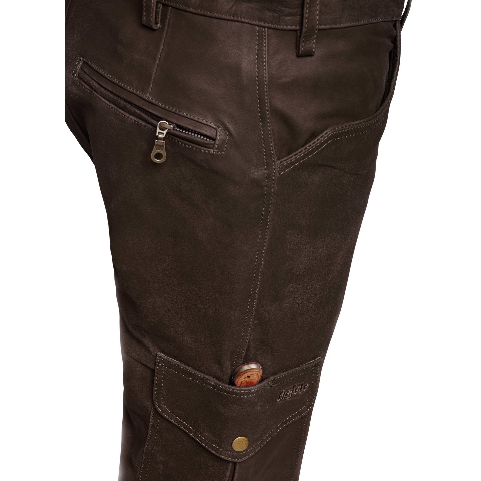 Women's buffalo leather pants with leg pocket